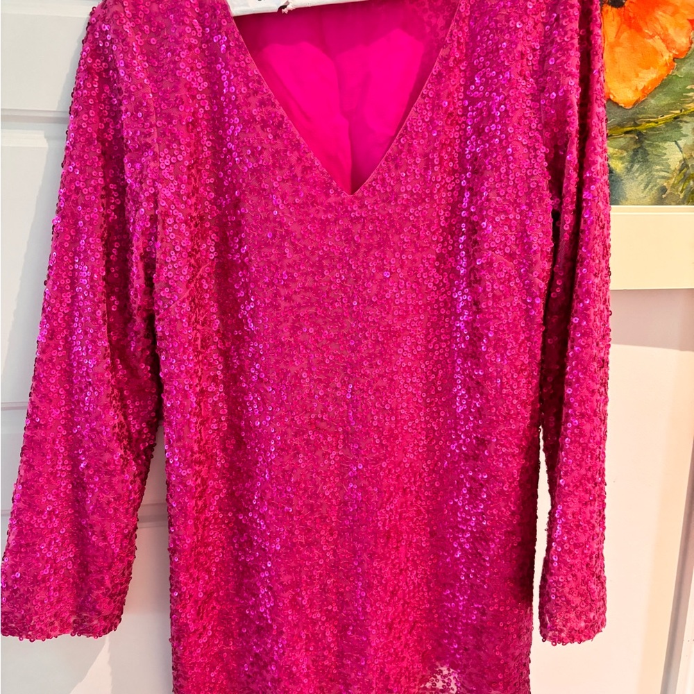 St. John Sequined V-Neck Tunic in Hot Pink sequined 4 S embellished top